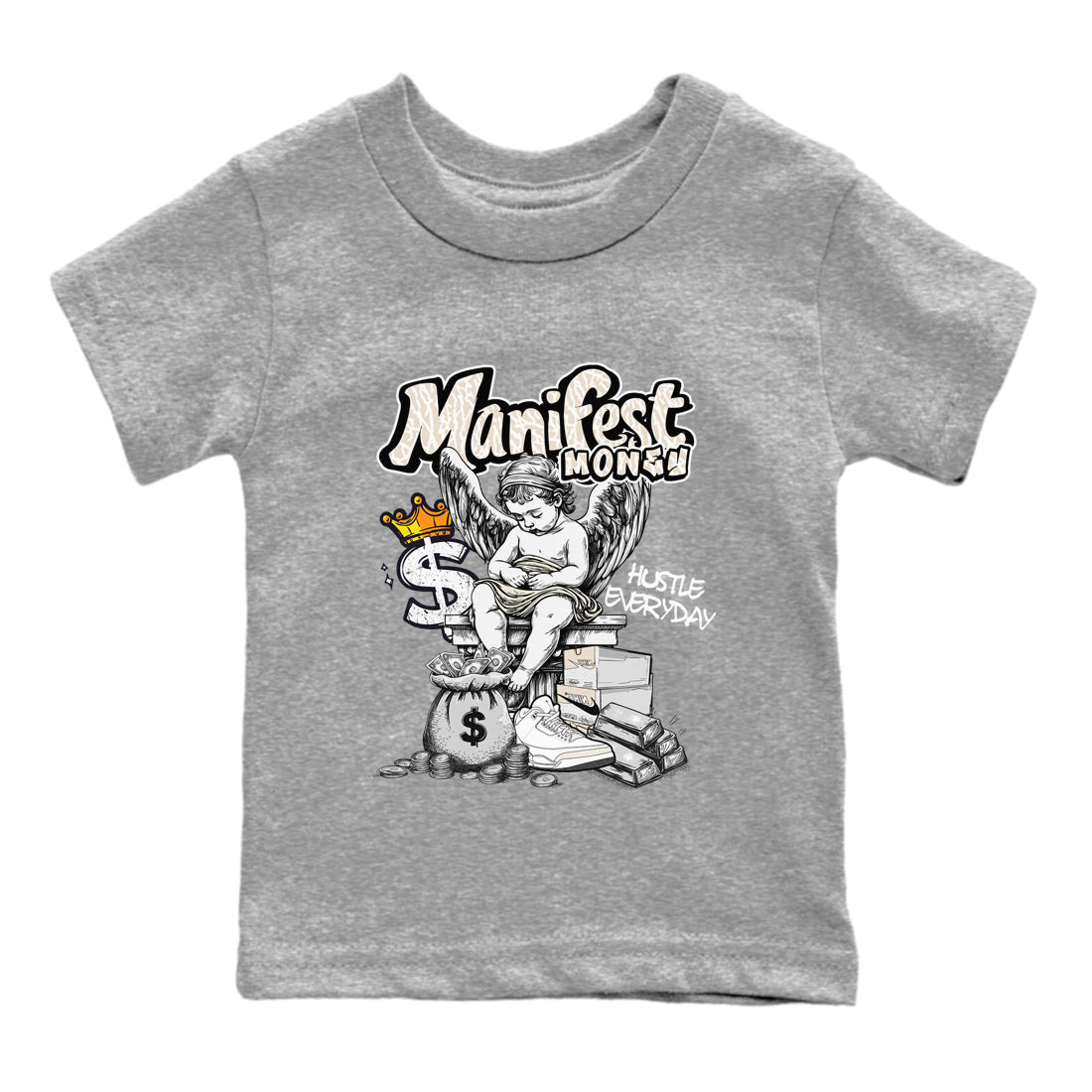 Manifest Money baby and kids t-shirt crafted for little sneakerheads to shine with the Air Jordan 3 Pure Money sneakers, displayed in Heather Grey 2.