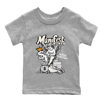 Manifest Money baby and kids t-shirt crafted for little sneakerheads to shine with the Air Jordan 3 Pure Money sneakers, displayed in Heather Grey 2.