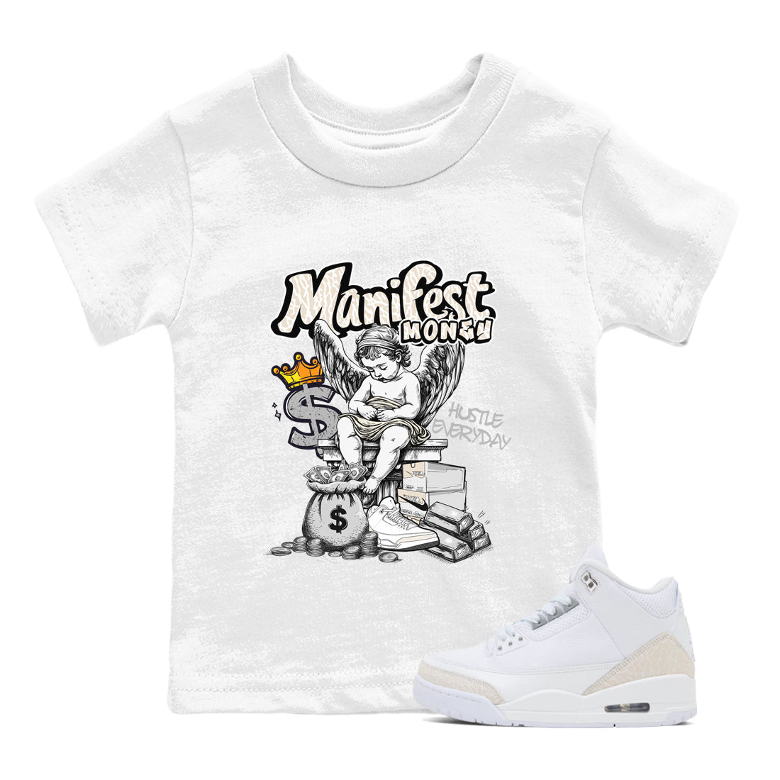 Manifest Money baby and kids t-shirt crafted for little sneakerheads to shine with the Air Jordan 3 Pure Money sneakers, displayed in White 1.