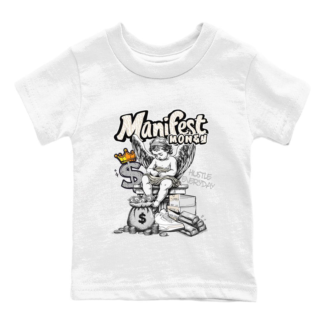 Manifest Money baby and kids t-shirt crafted for little sneakerheads to shine with the Air Jordan 3 Pure Money sneakers, displayed in White 2.
