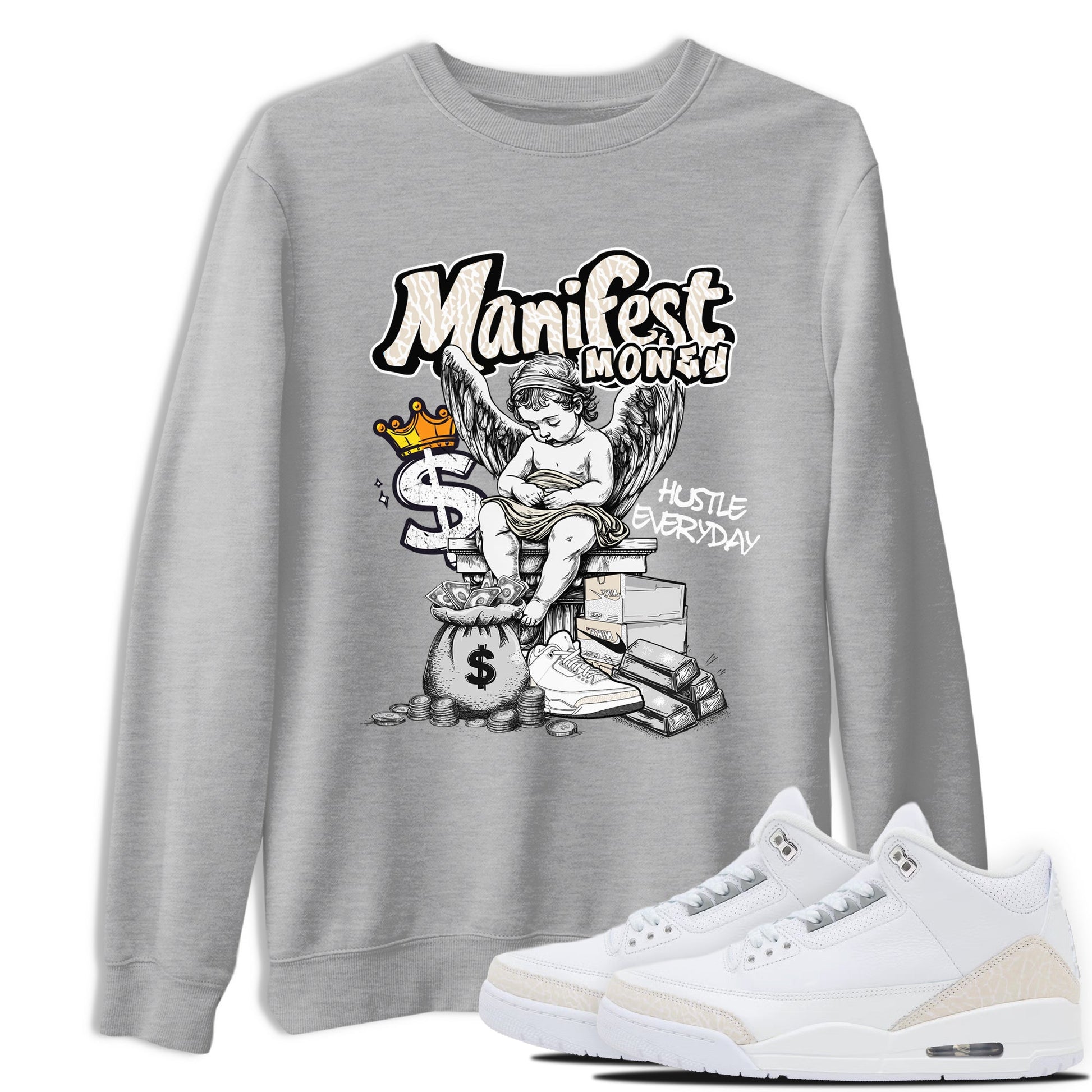 Manifest Money sneaker match t-shirt styled to complete your fit with the Air Jordan 3 Pure Money sneakers, shown in Heather Grey 1.