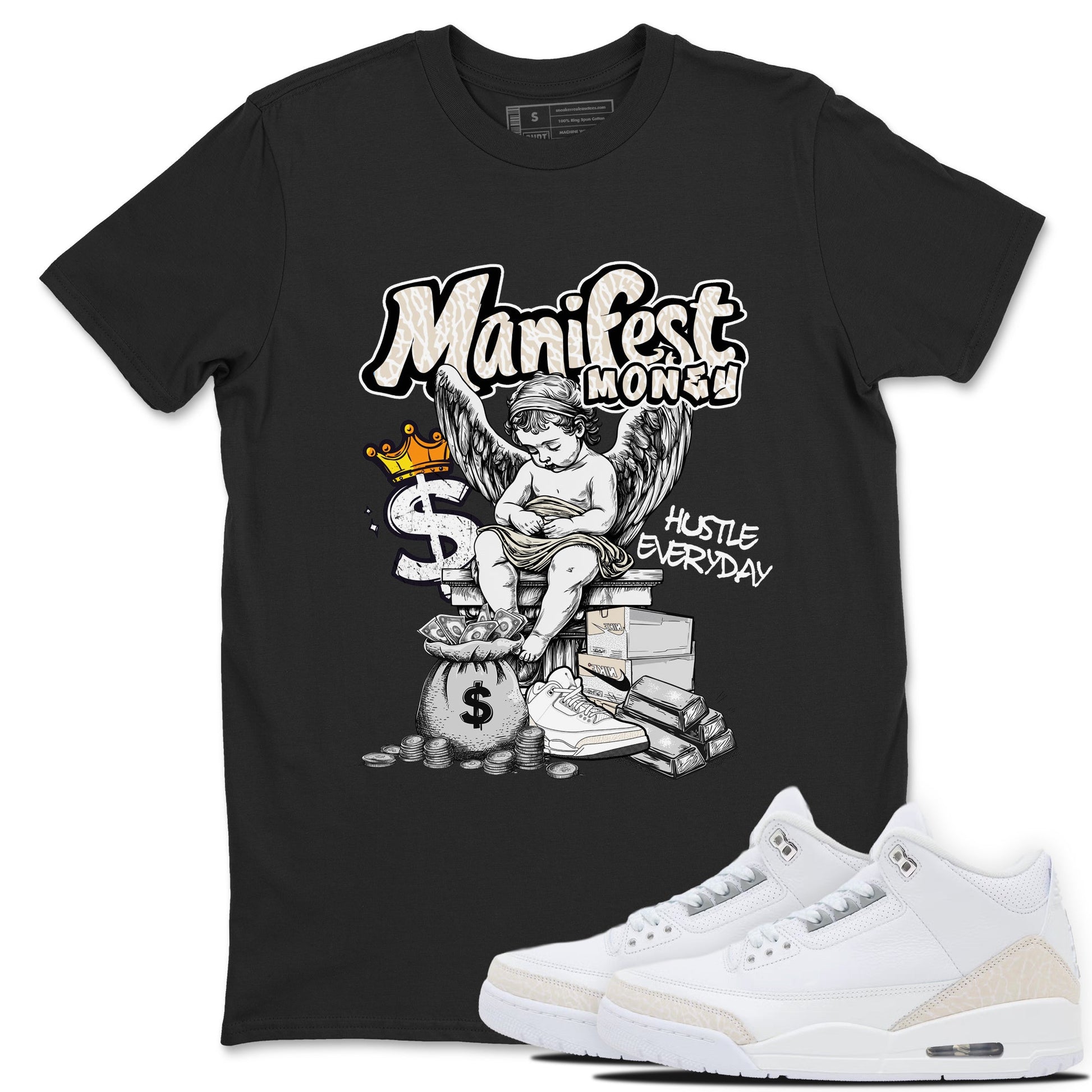 Manifest Money sneaker match t-shirt styled to complete your fit with the Air Jordan 3 Pure Money sneakers, shown in Black 1.