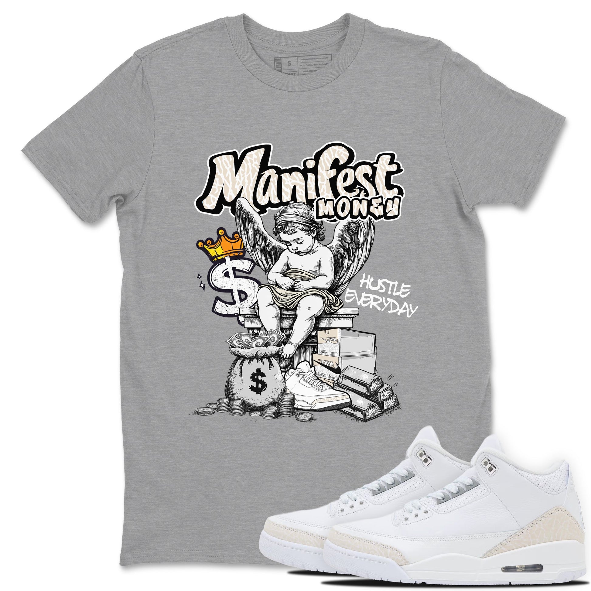 Manifest Money sneaker match t-shirt styled to complete your fit with the Air Jordan 3 Pure Money sneakers, shown in Heather Grey 1.