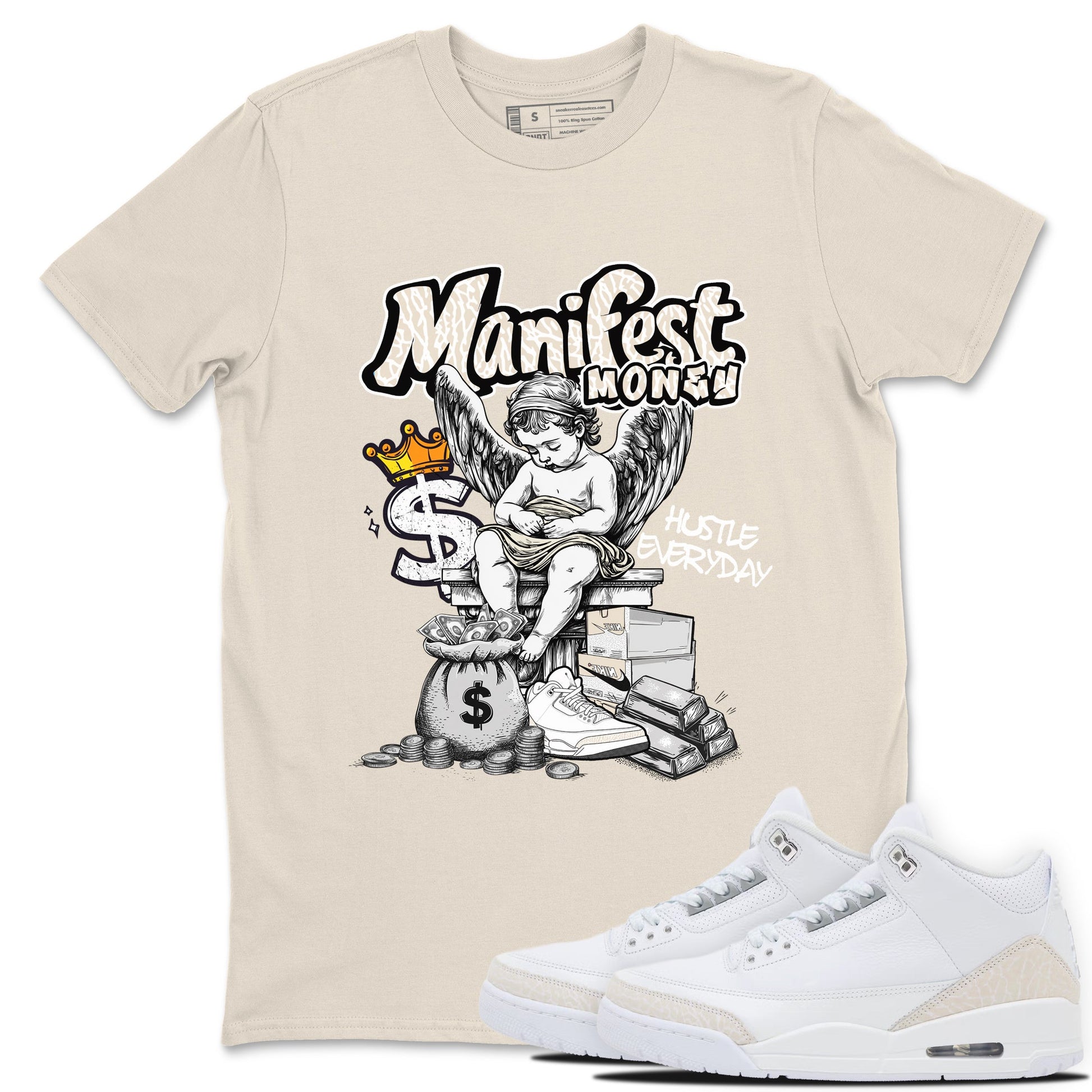 Manifest Money sneaker match t-shirt styled to complete your fit with the Air Jordan 3 Pure Money sneakers, shown in Natural 1.