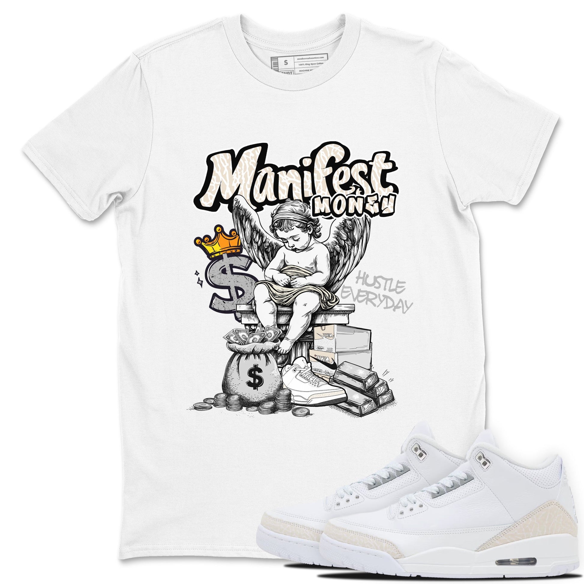 Manifest Money sneaker match t-shirt styled to complete your fit with the Air Jordan 3 Pure Money sneakers, shown in White 1.