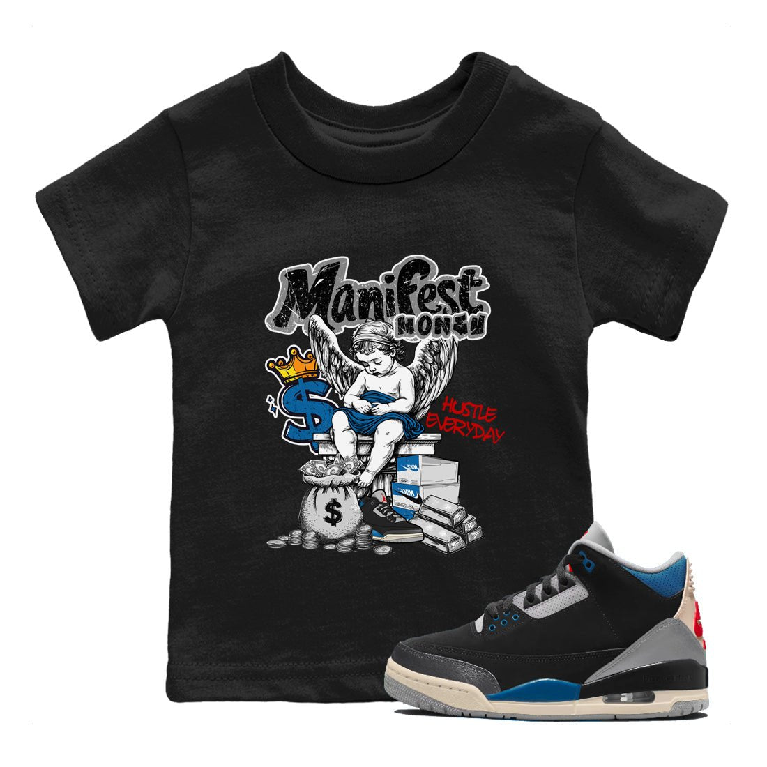 Manifest Money baby and kids t-shirt crafted for little sneakerheads to shine with the Air Jordan 3 Rare Air sneakers, displayed in Black 1.