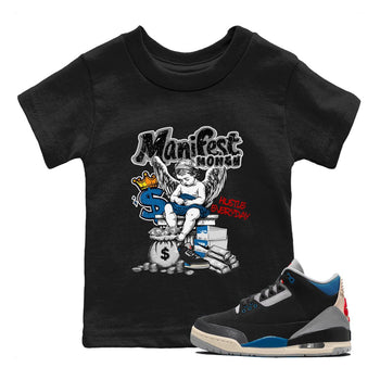 Manifest Money baby and kids t-shirt crafted for little sneakerheads to shine with the Air Jordan 3 Rare Air sneakers, displayed in Black 1.