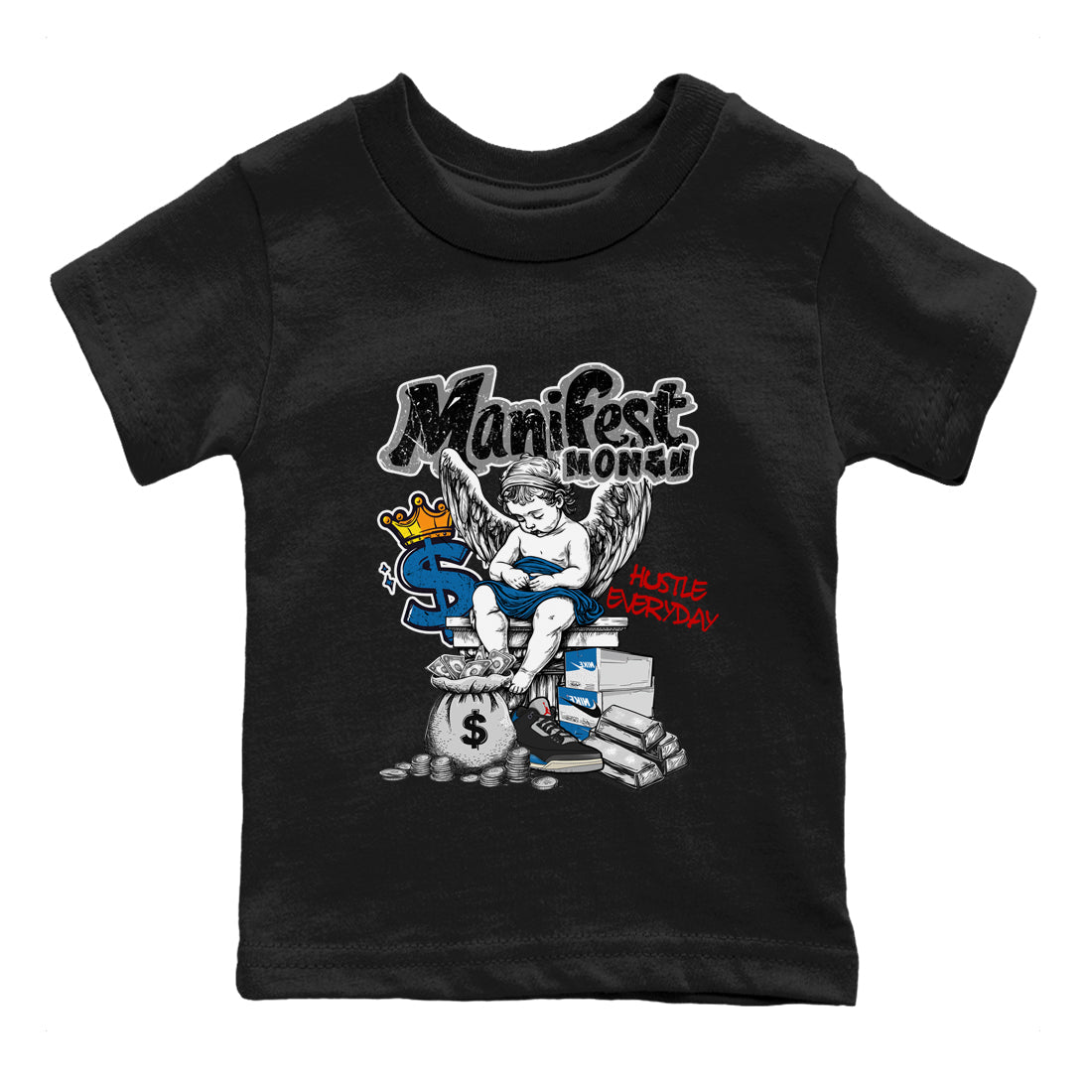 Manifest Money baby and kids t-shirt crafted for little sneakerheads to shine with the Air Jordan 3 Rare Air sneakers, displayed in Black 2.