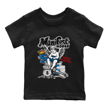 Manifest Money baby and kids t-shirt crafted for little sneakerheads to shine with the Air Jordan 3 Rare Air sneakers, displayed in Black 2.