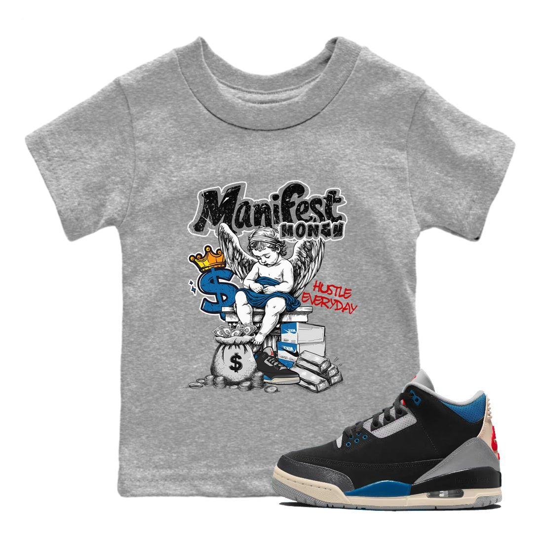Manifest Money baby and kids t-shirt crafted for little sneakerheads to shine with the Air Jordan 3 Rare Air sneakers, displayed in Heather Grey 1.