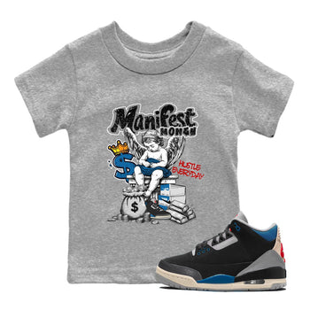 Manifest Money baby and kids t-shirt crafted for little sneakerheads to shine with the Air Jordan 3 Rare Air sneakers, displayed in Heather Grey 1.