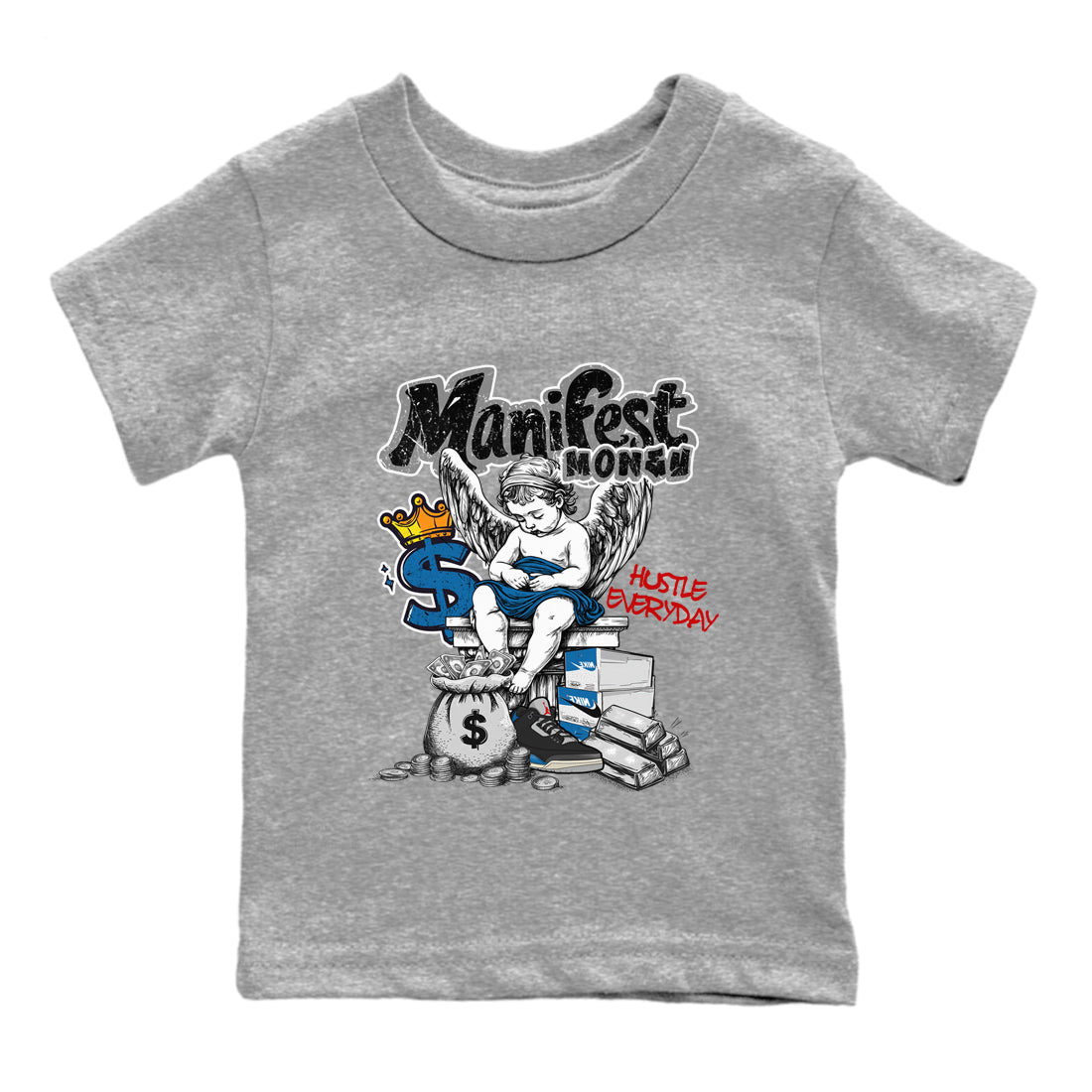 Manifest Money baby and kids t-shirt crafted for little sneakerheads to shine with the Air Jordan 3 Rare Air sneakers, displayed in Heather Grey 2.