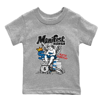 Manifest Money baby and kids t-shirt crafted for little sneakerheads to shine with the Air Jordan 3 Rare Air sneakers, displayed in Heather Grey 2.