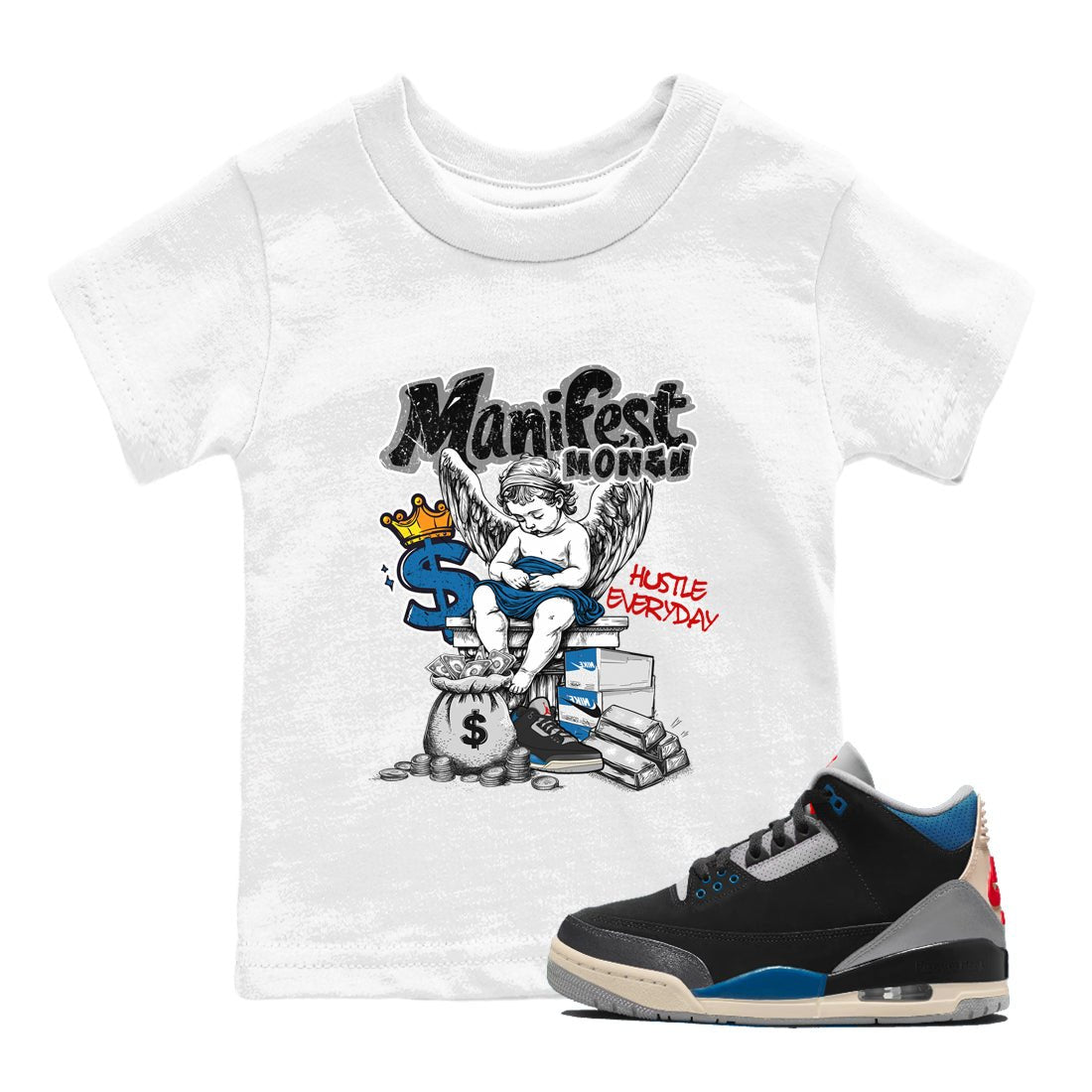 Manifest Money baby and kids t-shirt crafted for little sneakerheads to shine with the Air Jordan 3 Rare Air sneakers, displayed in White 1.