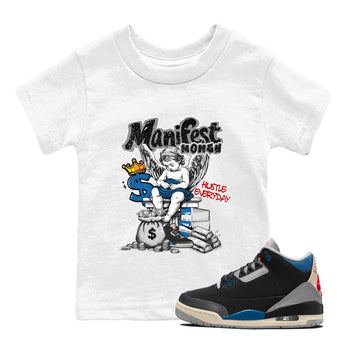 Manifest Money baby and kids t-shirt crafted for little sneakerheads to shine with the Air Jordan 3 Rare Air sneakers, displayed in White 1.