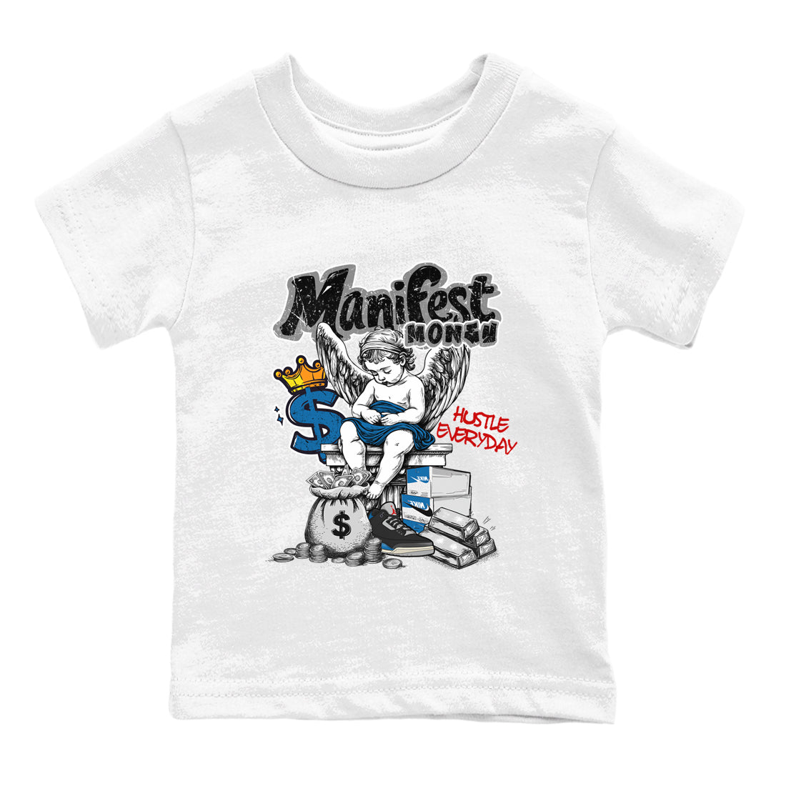 Manifest Money baby and kids t-shirt crafted for little sneakerheads to shine with the Air Jordan 3 Rare Air sneakers, displayed in White 2.