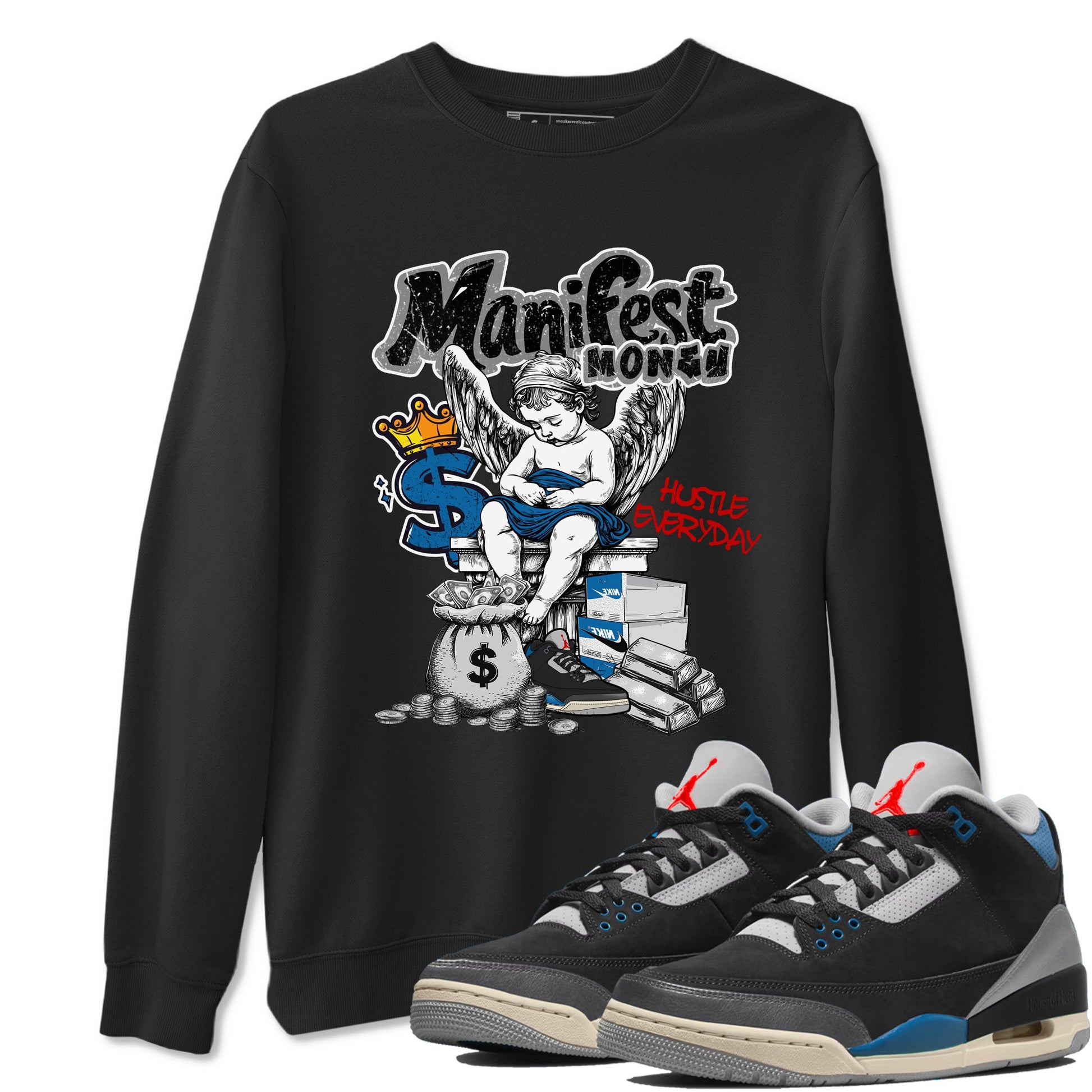 Manifest Money sneaker match t-shirt styled to complete your fit with the Air Jordan 3 Rare Air sneakers, shown in Black 1.