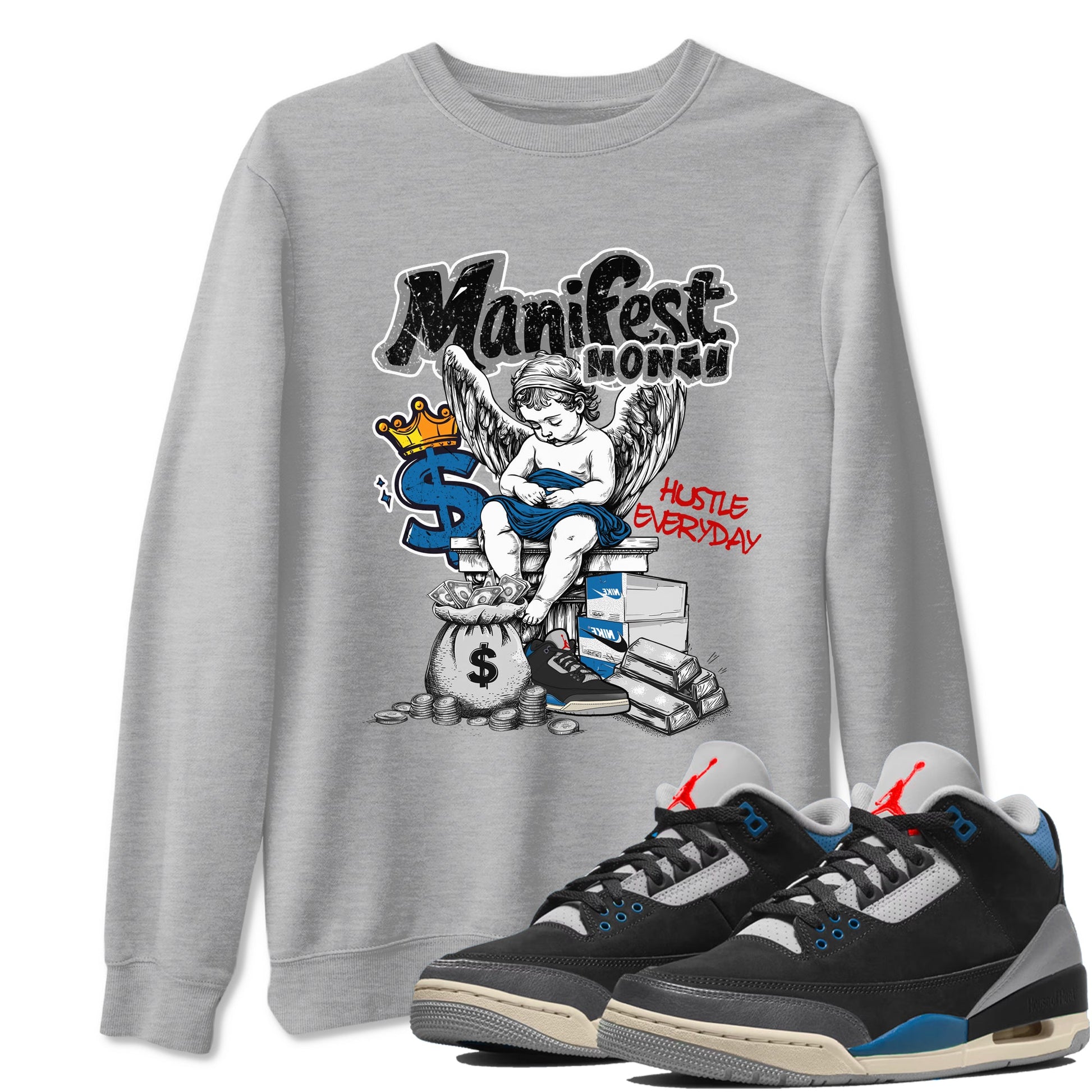 Manifest Money sneaker match t-shirt styled to complete your fit with the Air Jordan 3 Rare Air sneakers, shown in Heather Grey 1.