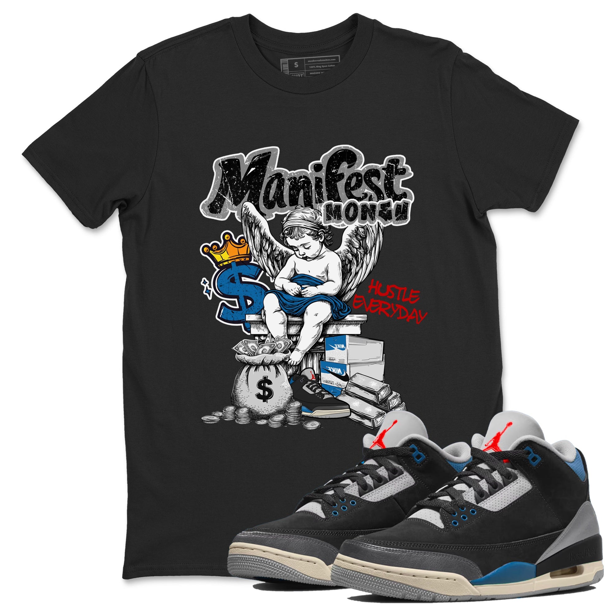 Manifest Money sneaker match t-shirt styled to complete your fit with the Air Jordan 3 Rare Air sneakers, shown in Black 1.