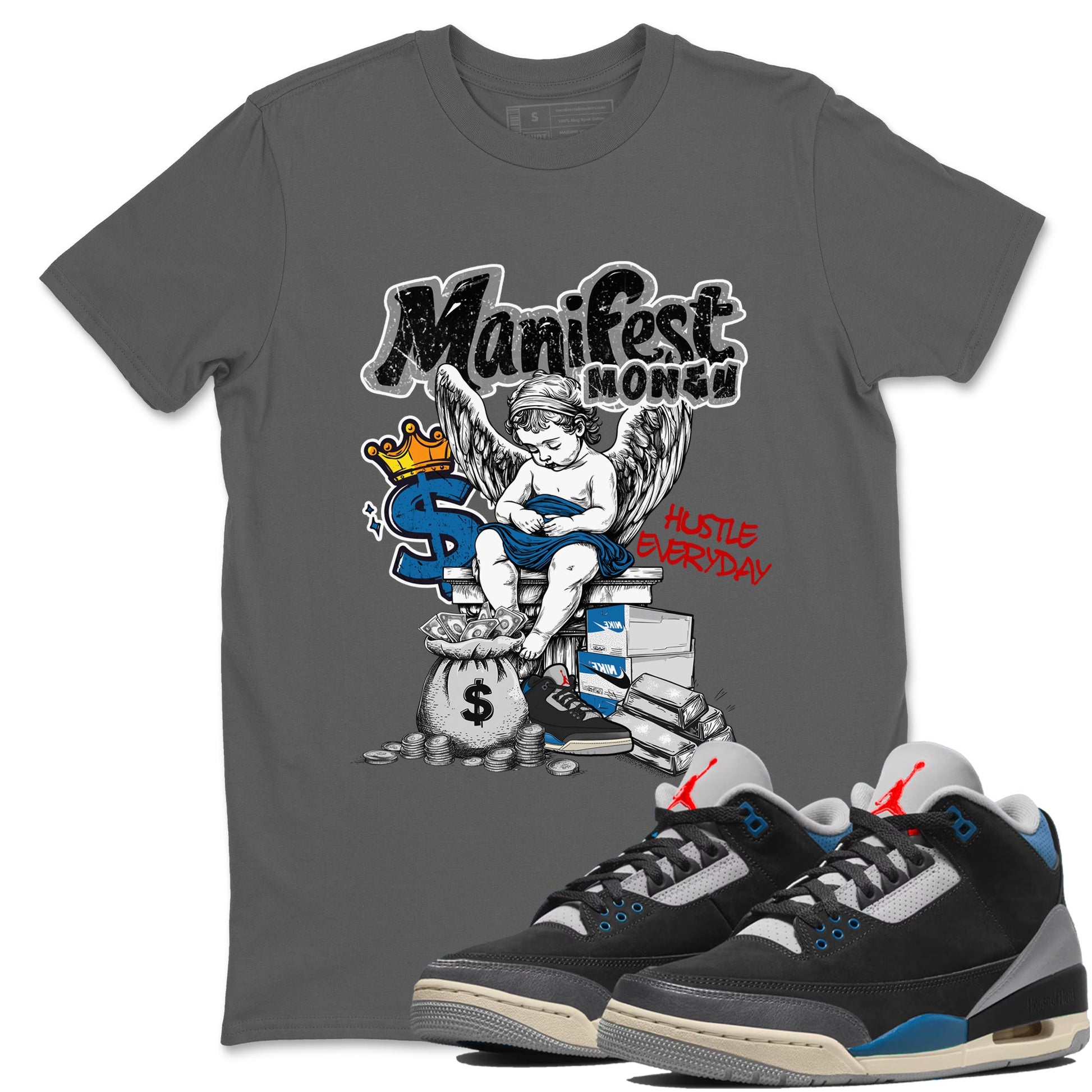 Manifest Money sneaker match t-shirt styled to complete your fit with the Air Jordan 3 Rare Air sneakers, shown in Cool Grey 1.