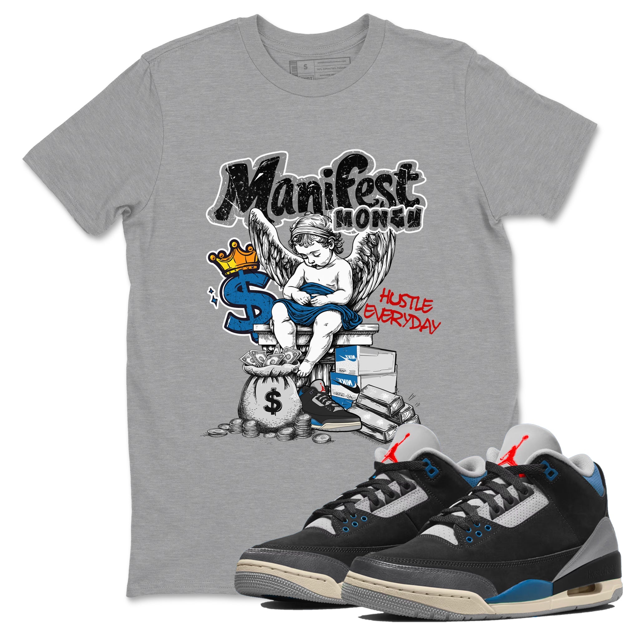 Manifest Money sneaker match t-shirt styled to complete your fit with the Air Jordan 3 Rare Air sneakers, shown in Heather Grey 1.