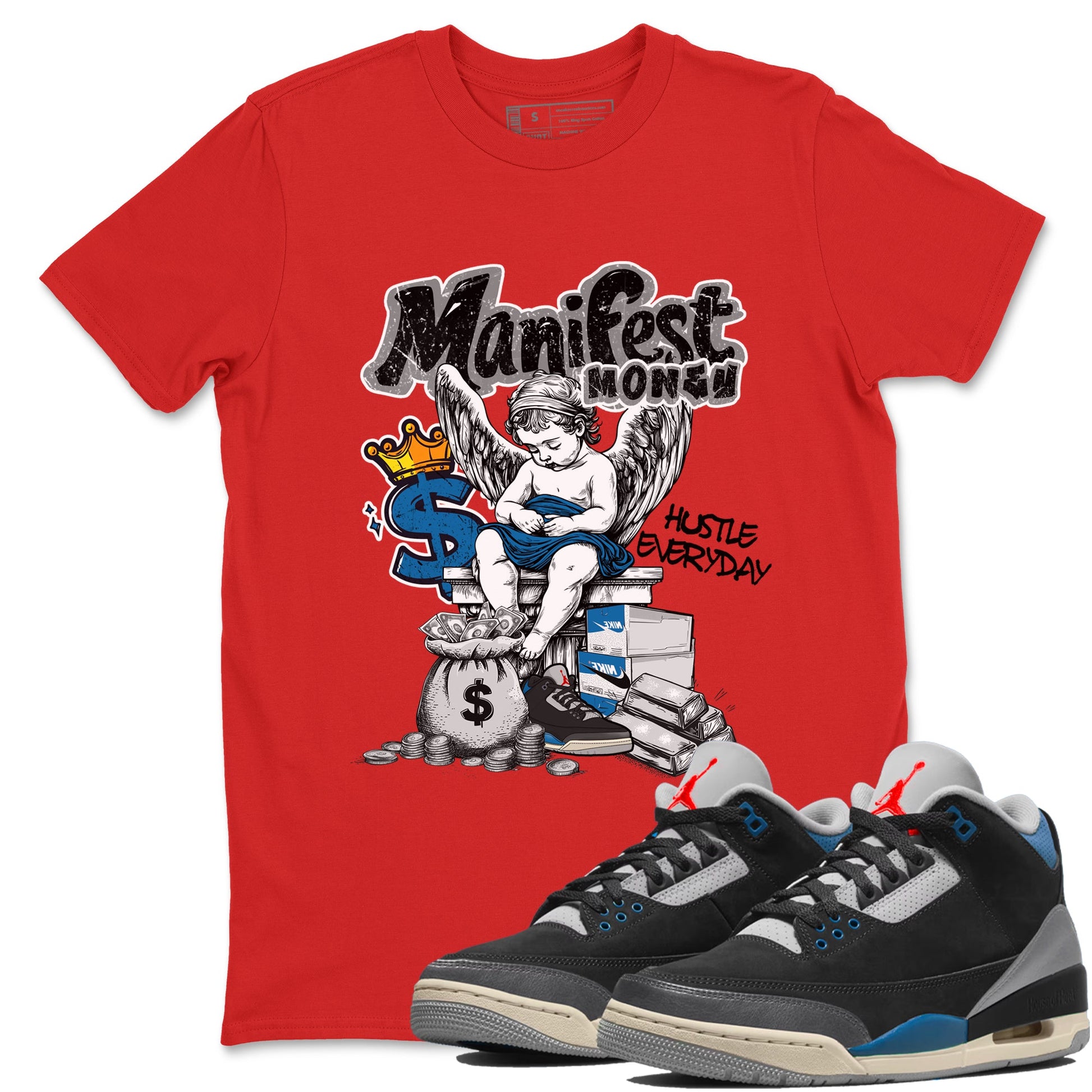 Manifest Money sneaker match t-shirt styled to complete your fit with the Air Jordan 3 Rare Air sneakers, shown in Red 1.