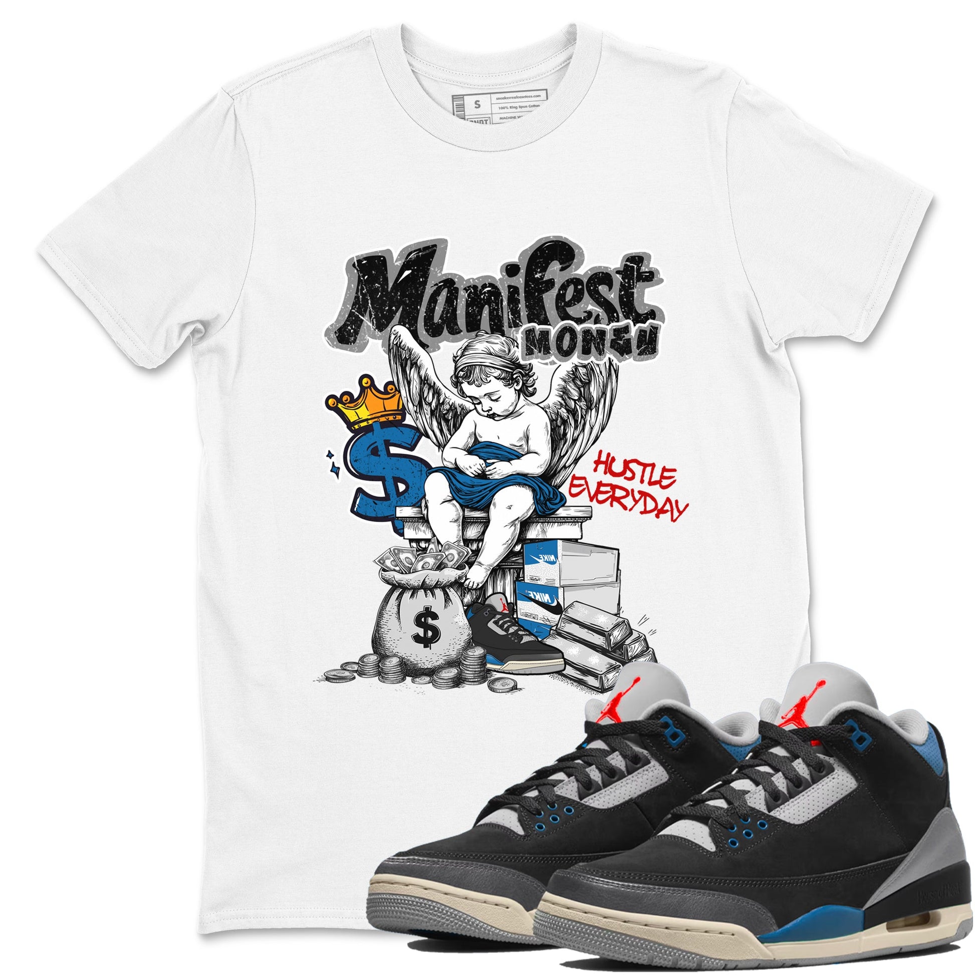 Manifest Money sneaker match t-shirt styled to complete your fit with the Air Jordan 3 Rare Air sneakers, shown in White 1.