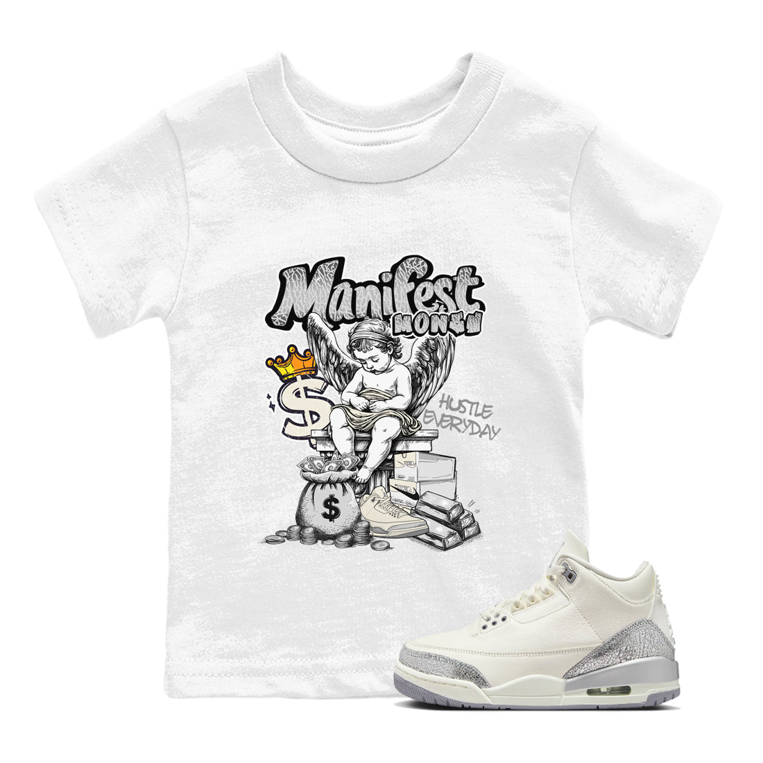 3s Sail and Cement Grey shirts to match jordans Manifest Money sneaker match tees Air Jordan 3 Retro Sail and Cement Grey match shoes to clothes SNRT Sneaker Tees Youth Baby White 1 tee