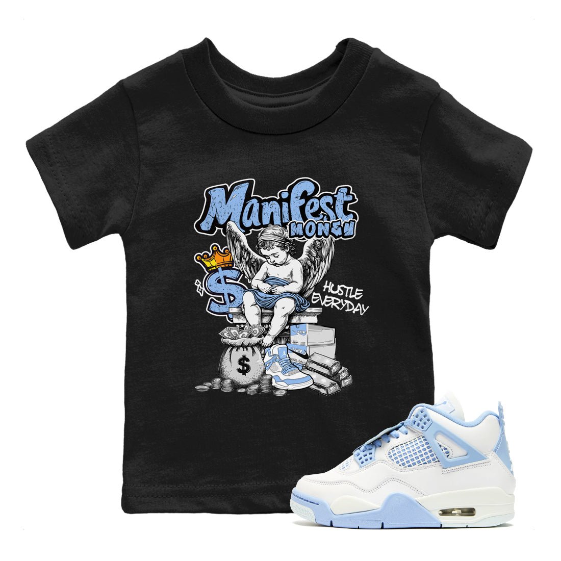 Manifest Money baby and kids t-shirt crafted for little sneakerheads to shine with the Air Jordan 4 Aluminum sneakers, displayed in Black 1.