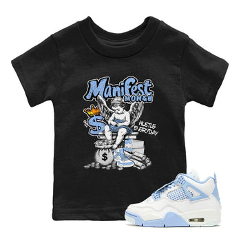Manifest Money baby and kids t-shirt crafted for little sneakerheads to shine with the Air Jordan 4 Aluminum sneakers, displayed in Black 1.