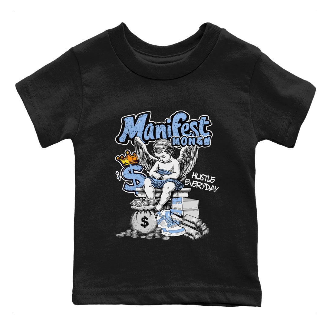 Manifest Money baby and kids t-shirt crafted for little sneakerheads to shine with the Air Jordan 4 Aluminum sneakers, displayed in Black 2.