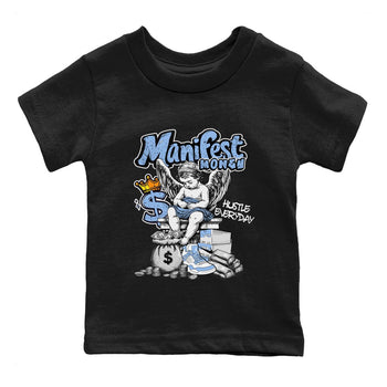 Manifest Money baby and kids t-shirt crafted for little sneakerheads to shine with the Air Jordan 4 Aluminum sneakers, displayed in Black 2.