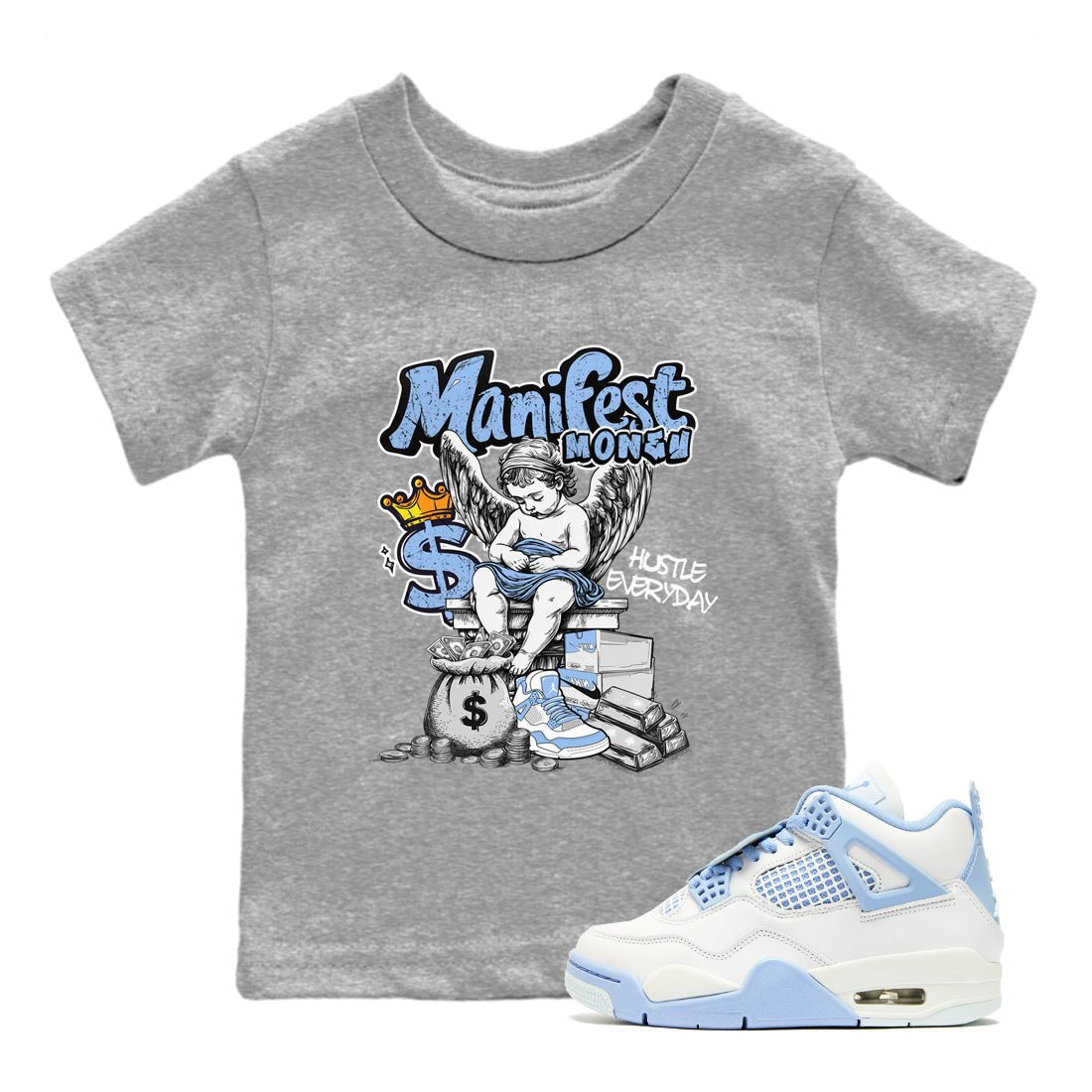 Manifest Money baby and kids t-shirt crafted for little sneakerheads to shine with the Air Jordan 4 Aluminum sneakers, displayed in Heather Grey 1.