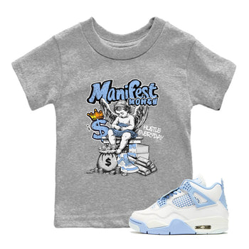 Manifest Money baby and kids t-shirt crafted for little sneakerheads to shine with the Air Jordan 4 Aluminum sneakers, displayed in Heather Grey 1.