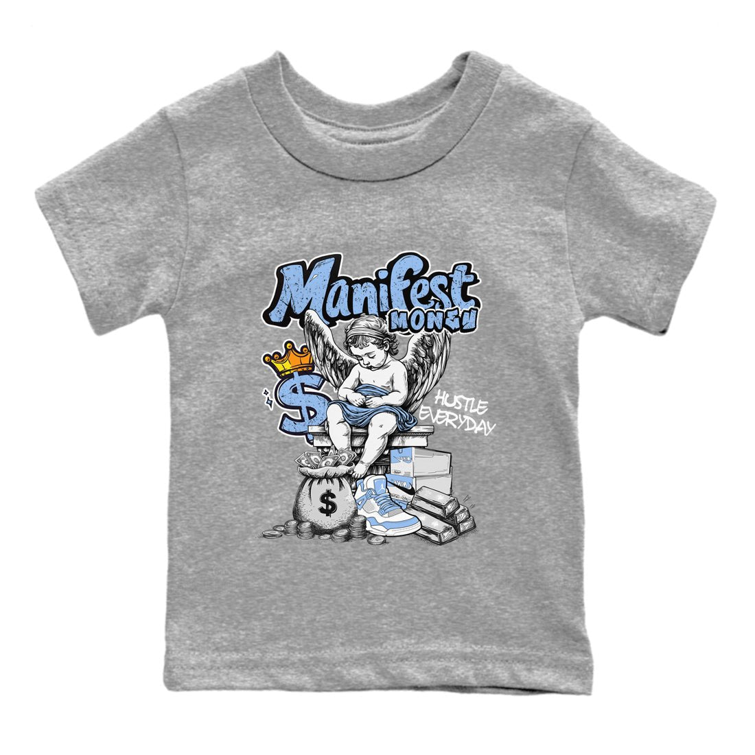 Manifest Money baby and kids t-shirt crafted for little sneakerheads to shine with the Air Jordan 4 Aluminum sneakers, displayed in Heather Grey 2.