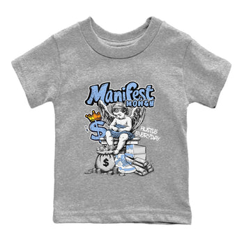 Manifest Money baby and kids t-shirt crafted for little sneakerheads to shine with the Air Jordan 4 Aluminum sneakers, displayed in Heather Grey 2.