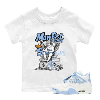 Manifest Money baby and kids t-shirt crafted for little sneakerheads to shine with the Air Jordan 4 Aluminum sneakers, displayed in White 1.