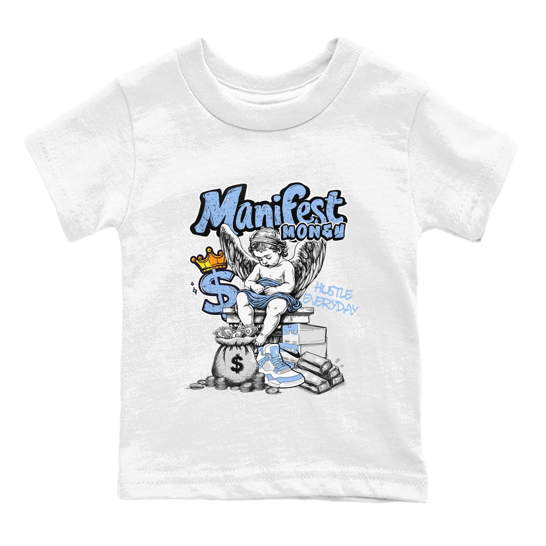 Manifest Money baby and kids t-shirt crafted for little sneakerheads to shine with the Air Jordan 4 Aluminum sneakers, displayed in White 2.