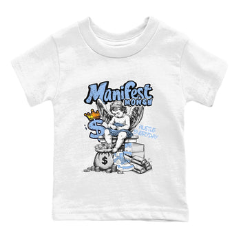 Manifest Money baby and kids t-shirt crafted for little sneakerheads to shine with the Air Jordan 4 Aluminum sneakers, displayed in White 2.