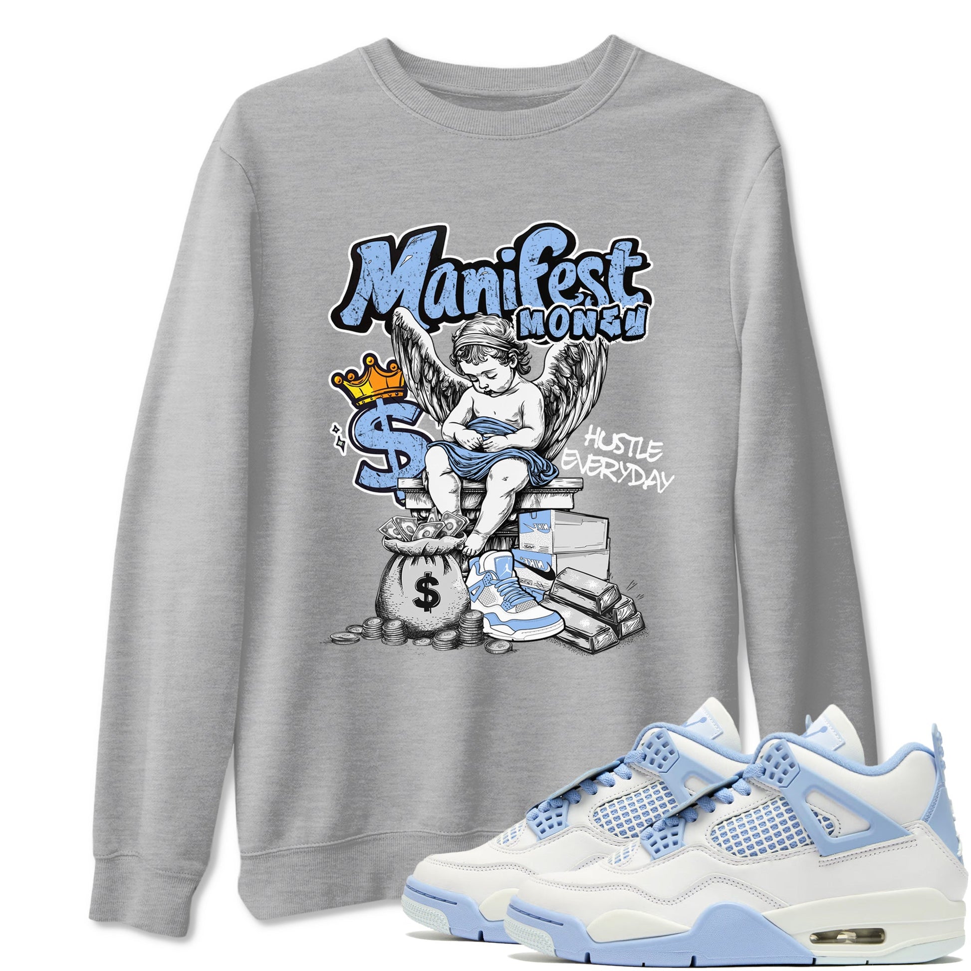 Manifest Money sneaker match t-shirt styled to complete your fit with the Air Jordan 4 Aluminum sneakers, shown in Heather Grey 1.