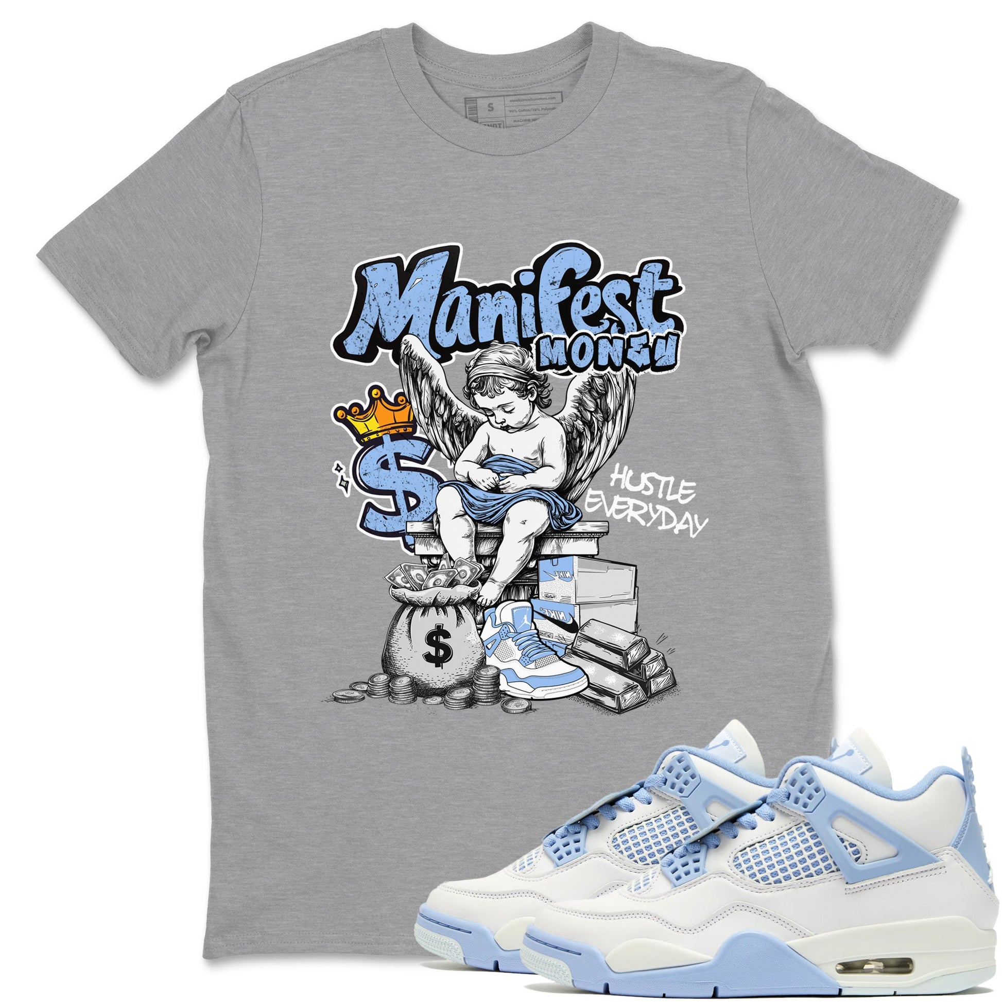 Manifest Money sneaker match t-shirt styled to complete your fit with the Air Jordan 4 Aluminum sneakers, shown in Heather Grey 1.