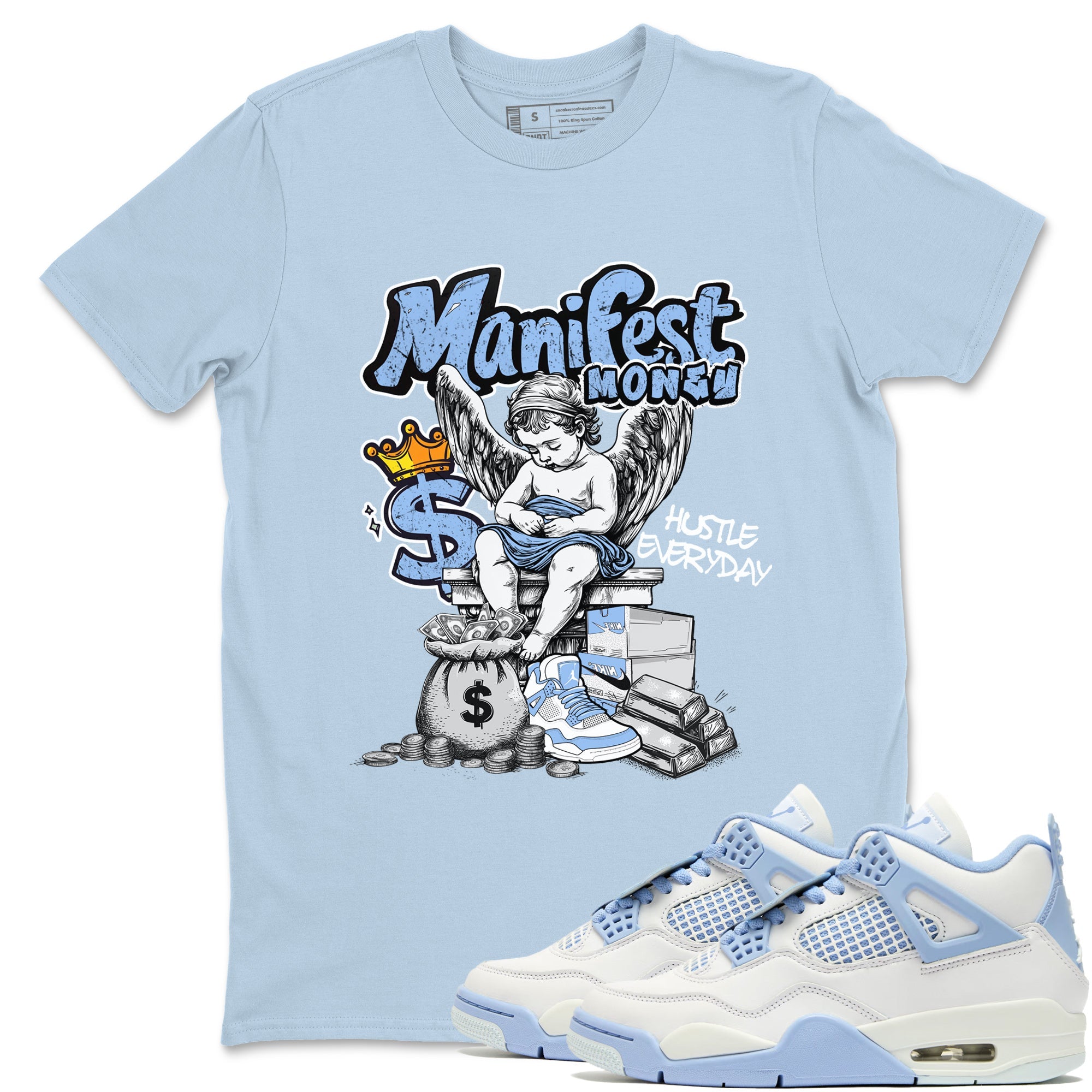 Manifest Money sneaker match t-shirt styled to complete your fit with the Air Jordan 4 Aluminum sneakers, shown in Light Blue 1.