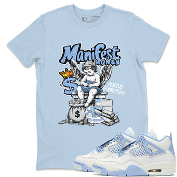Manifest Money sneaker match t-shirt styled to complete your fit with the Air Jordan 4 Aluminum sneakers, shown in Light Blue 1.