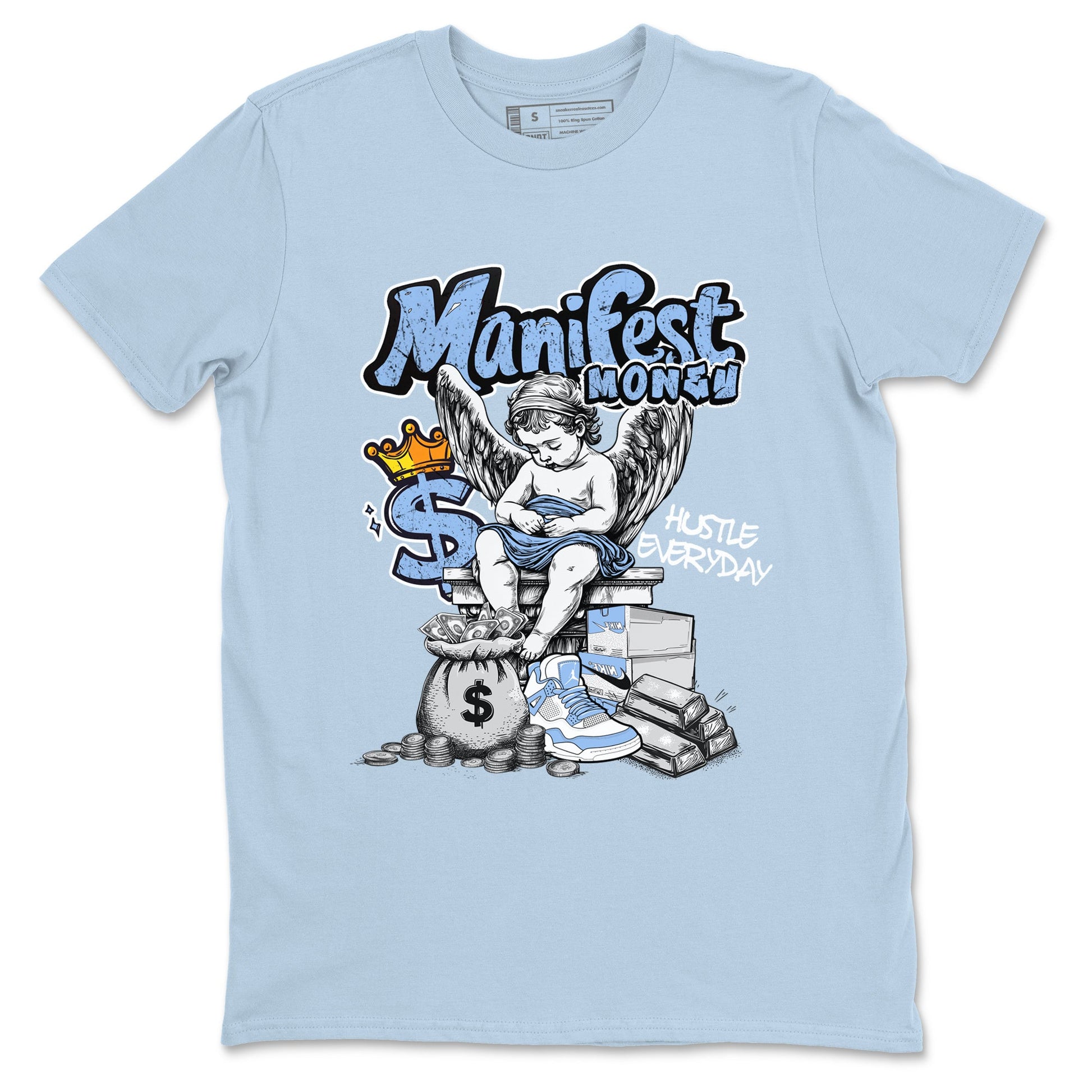 Manifest Money sneaker match t-shirt styled to complete your fit with the Air Jordan 4 Aluminum sneakers, shown in Light Blue 2.