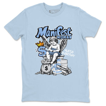 Manifest Money sneaker match t-shirt styled to complete your fit with the Air Jordan 4 Aluminum sneakers, shown in Light Blue 2.