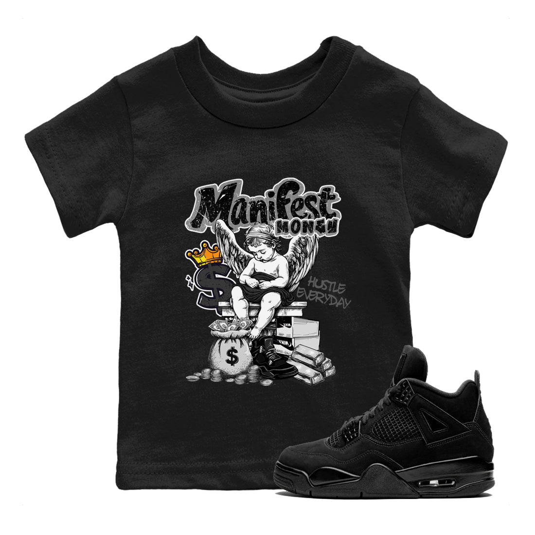 Sneaker match tees – Sneaker Tees To Match Air Jordan 4 Black Cat Shoes – Manifest Money Kids T-Shirt Black 1