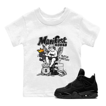 Sneaker match tees – Sneaker Tees To Match Air Jordan 4 Black Cat Shoes – Manifest Money Kids T-Shirt White 1