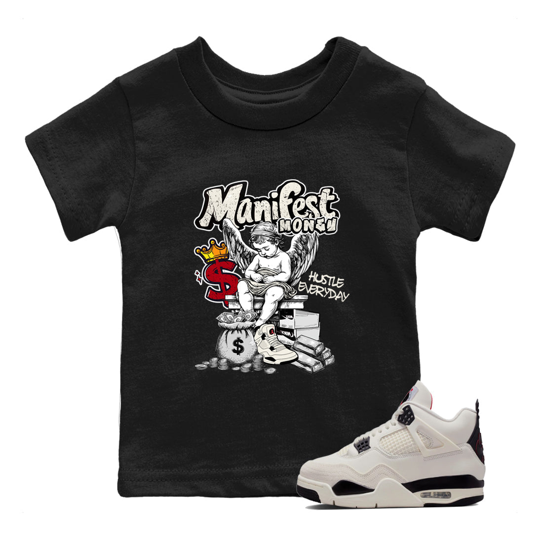 Sneaker match tees – Sneaker Tees To Match Air Jordan 4 Flight Club Shoes – Manifest Money Kids T-Shirt Black 1