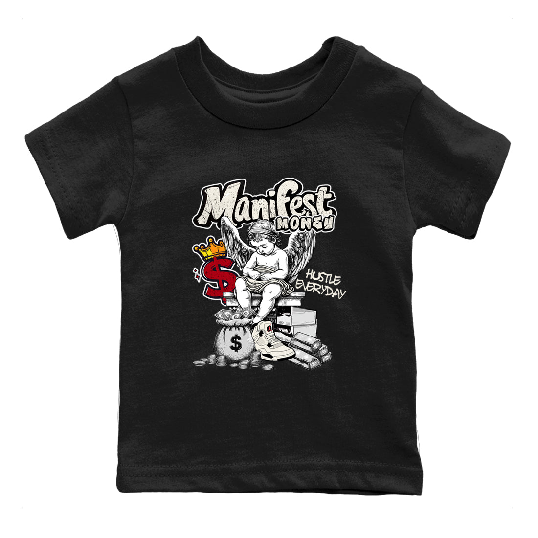 Sneaker match tees – Sneaker Tees To Match Air Jordan 4 Flight Club Shoes – Manifest Money Kids T-Shirt Black 2