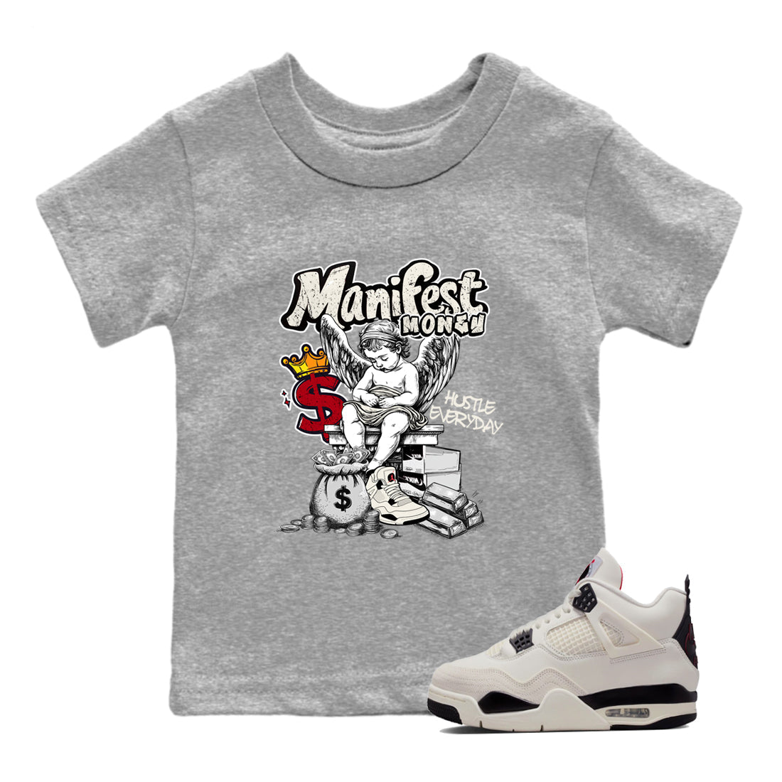 Sneaker match tees – Sneaker Tees To Match Air Jordan 4 Flight Club Shoes – Manifest Money Kids T-Shirt Heather Grey 1